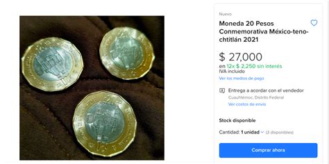 Moneda De Pesos Conmemorativa De Tenochtitl N Se Vende Hasta En Mil