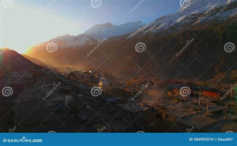 Aerial Fly Over In High Altitude Manang Village Settlement Houses With