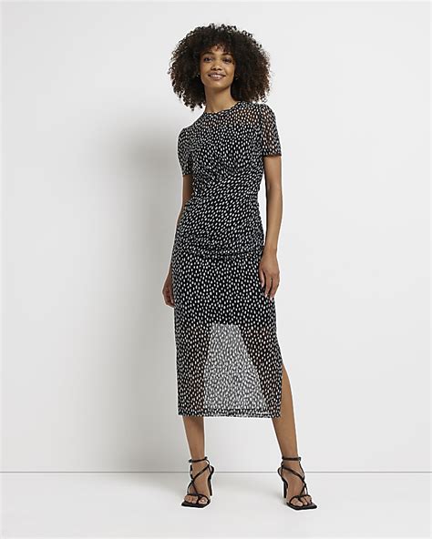 Black Polka Dot Mesh Bodycon Midi Dress River Island