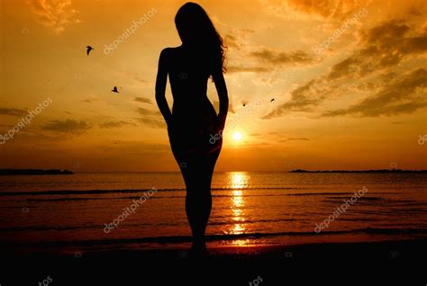 Silhueta De Uma Mulher Sensual Ao Nascer Do Sol Na Praia Foto Stock