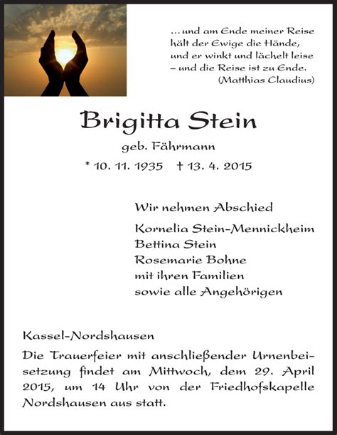 Traueranzeigen Von Brigitta Stein Trauer HNA De