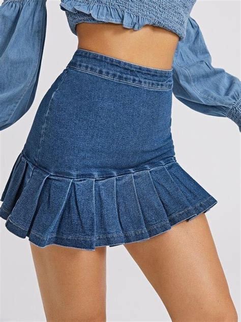 Zip Back Pleated Ruffle Hem Denim Skirt In 2021 Hem Skirt Outfit