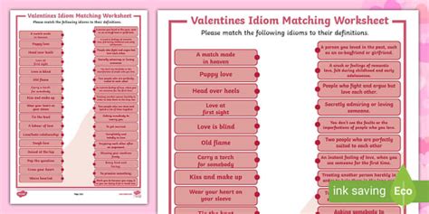 ESL Valentine S Day Idiom Matching Worksheet Twinkl