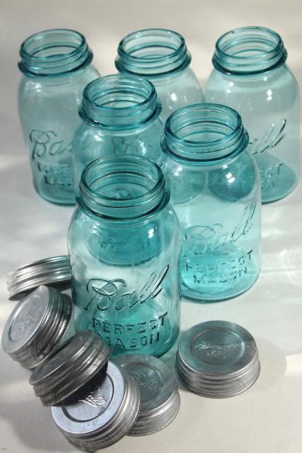 Old Aqua Blue Glass Canning Jars Authentic Vintage Ball Mason Jars W Zinc Lids