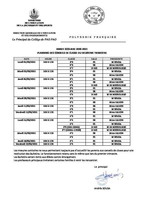 Planning Des Conseils De Classe Du Deuxième Trimestre Collège De Pao Pao