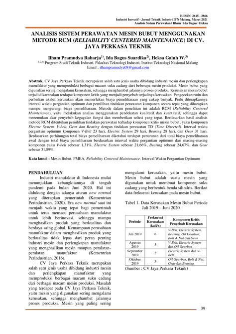 Pdf Analisis Sistem Perawatan Mesin Bubut Menggunakan Metode Rcm