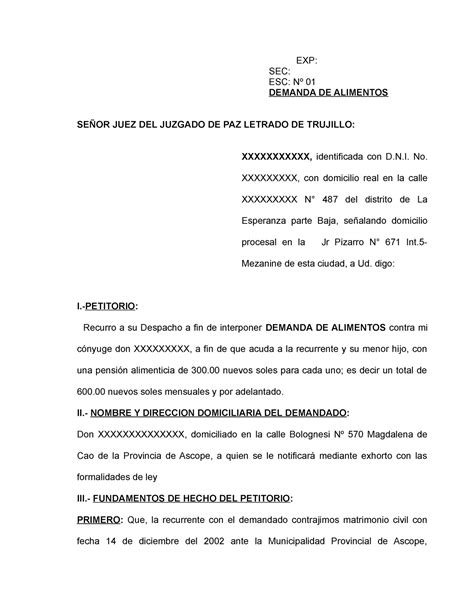 Demanda DE Alimentos citacion EXP SEC ESC Nº 01 DEMANDA DE