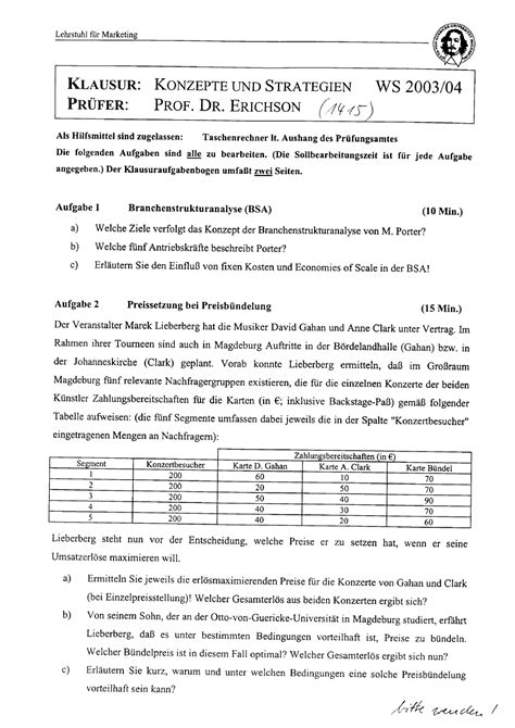 Klausur 2009 Fragen Lehrstuhl ﬂir Marketing KLAUSUR KONZEPTE UND