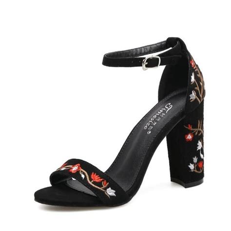 Floral Embroidered Faux Suede Ankle Strap Chunky Heel Sandals Heels