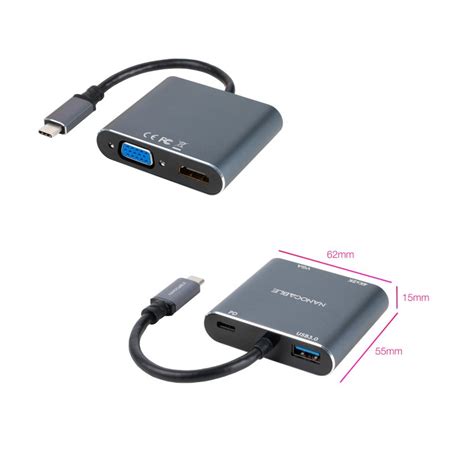 Nanocable Conversor USB C Para HDMI VGA USB3 0 PD 15 Cm Cinzento