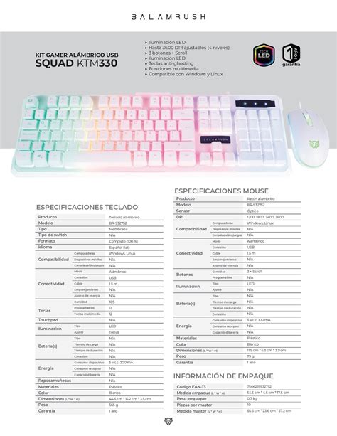 Kit Teclado Mouse Balam Rush Squad Ktm Led Dpi Usb Blanco