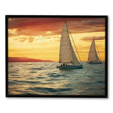 Ocean Framed Wooden Wall Art Coastal Painting Art Sail Boats Artwork