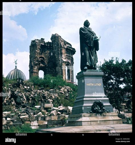 Dresden Ruins Of The Frauenkirche Church Of Our Lady With A Statue