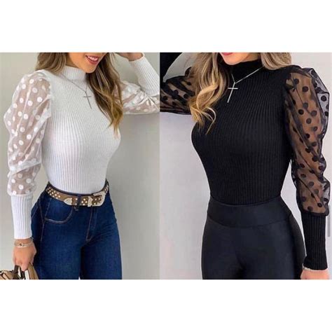 Blusa Tule Manga Longa Luxo Elegante Po Moda Blogueiras Shopee Brasil