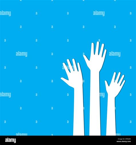 White hands up on blue background. Vote and election background. Volunteer background Stock ...