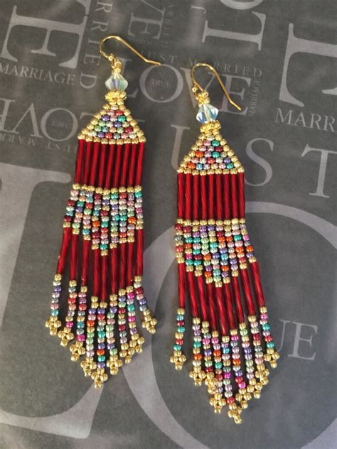 Seed Bead Fringe Earrings Long Red And Multicolored Metallic Etsy