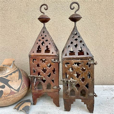 Two Vintage Old Moroccan Pierced Metal Kabash Tabletop Hurricane