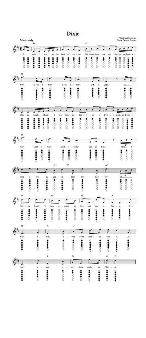 Dixie Tin Whistle Sheet Music And Tab With Chords And Lyrics