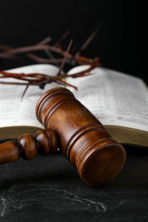 Judge Gavel Bible And Crown Of Thorns On Black Table Stock Photo