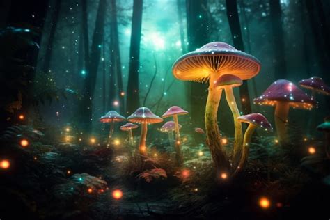 Premium Photo Fantasy Glowing Mushrooms In Mystery Dark Forest