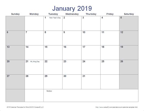 Download the 2019 Calendar Template for Word from Vertex42.com