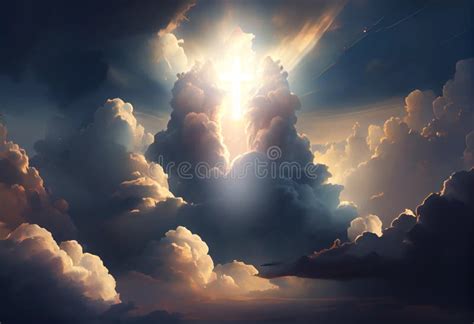 Beautiful Clouds With The Silhouette Of Jesus Cross In The Sky Christian Illustration Stock