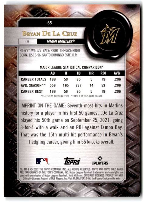 2022 Topps Gold Label Class 1 65 Bryan De La Cruz Rc Miami Marlins Ebay