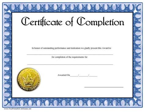 This Blue Bordered Certificate Of Completion Includes A Gold Seal