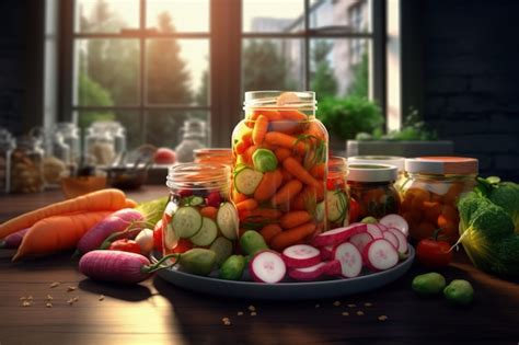 Premium Ai Image Colorful Pickled Vegetable Assortment In Glass Jars