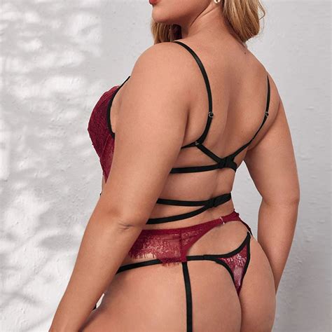 Plus Size Sexy See Through Lace Strappy Bra And Thong High Waist