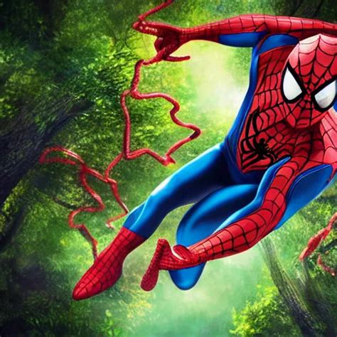 Spiderman Swinging Across An Enchanted Magical Forest Stable