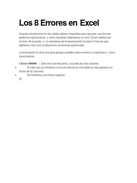 Los 8 Errores En Excel Pdf Fórmula Microsoft Excel