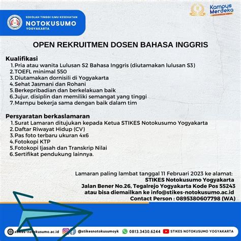 Open Rekruitmen Dosen Bahasa Inggris Stikes Notokusumo Yogyakarta