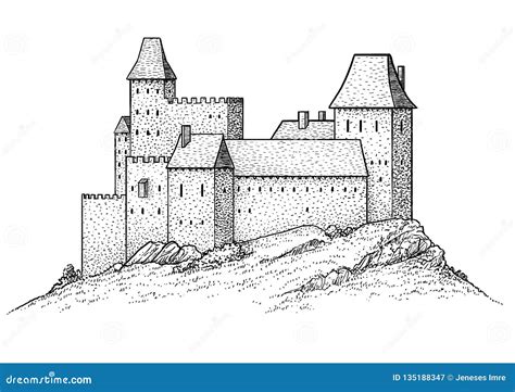 Medieval Castle Illustration Drawing Engraving Ink Line Art Vector