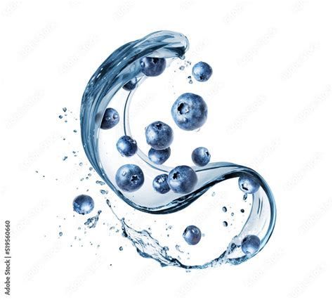 Blueberries In Splashes Of Water On A White Background Stock Photo