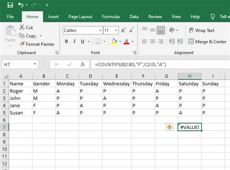 Countifs formula returns a #value error when selecting a range of cells ...