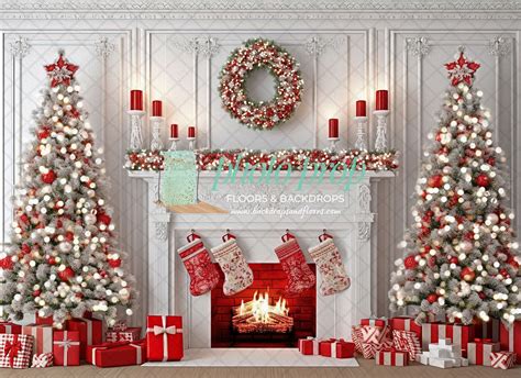 Christmas Fireplace Mantle Photography Backdrop Winter Holiday