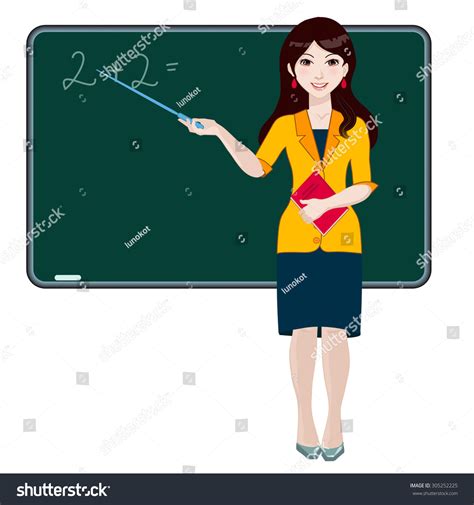 Woman Teacher Stands Blackboard Holding Pointer Stock Vector 305252225