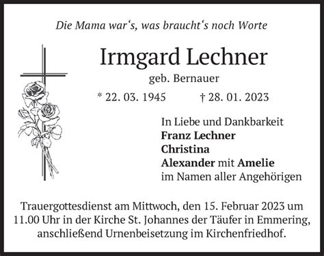 Traueranzeigen Von Irmgard Lechner Trauer Merkur De