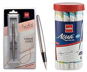 Cello Signature Creme Ivory Roller Pen Cello Aqua Blue Gel Pen Jar Of