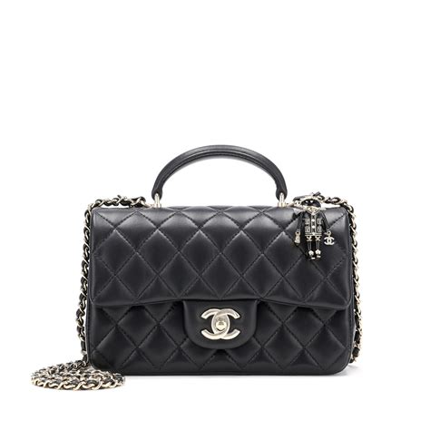 Chanel Black Quilted Lambskin Mini Lion Charm Top Handle Rectangular