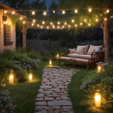 A Garden Path With Lights And A Porch With A Porch In The Background
