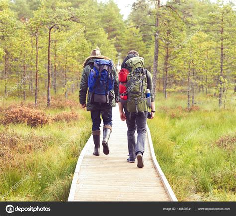 Two Men Hiking In Forest Stock Photo By Shmeljov