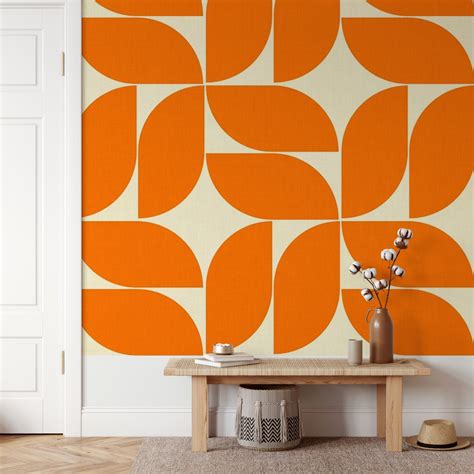 Mid Century Modern Orange On Sand Beige Wallpaper Free Shipping