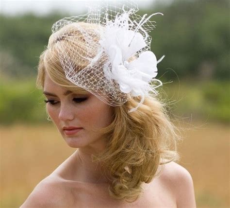 Sale Wedding Veil Feather Fascinator True White Or Ivory Birdcage Veil Silk Flower