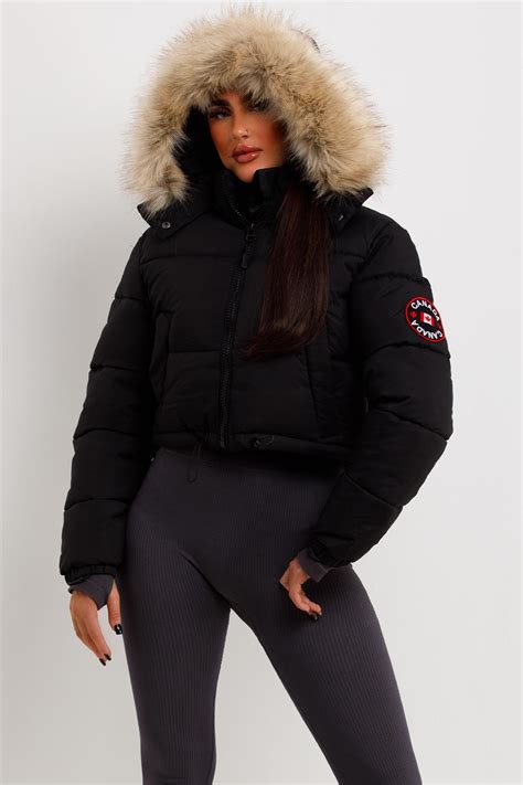 Womens Black Puffer Jacket Fur Hood Cropped Canada Goose Inspired