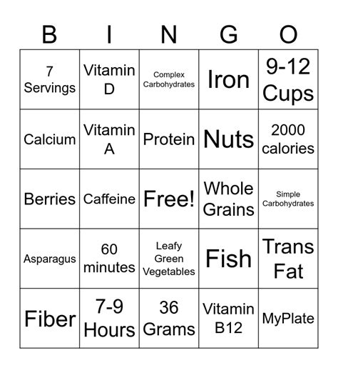 Nutrition Bingo Card