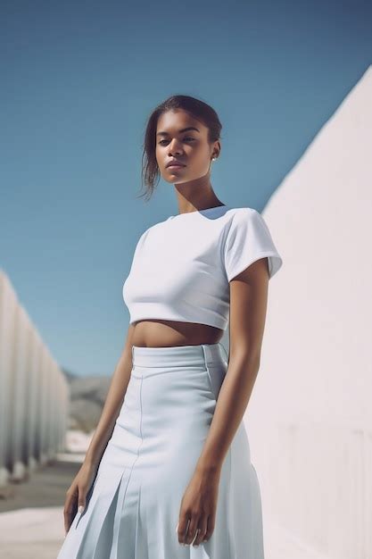 Modelo Femenino En Camiseta Blanca Falda Peplum Azul Foto Premium