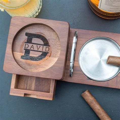 Personalized Cigar Ashtray With Coaster Custom Walnut Wood Cigarette Ashtray Whiskey Lover