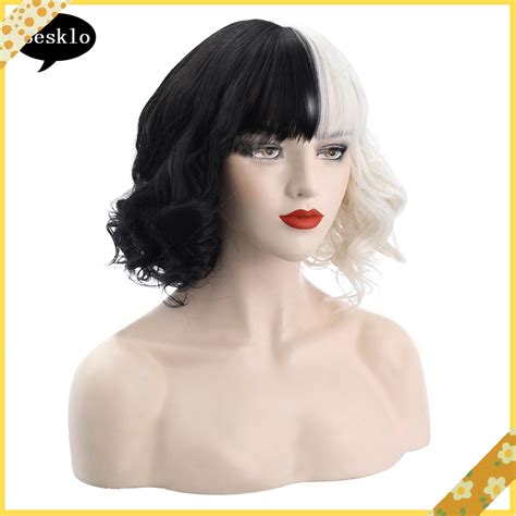 Sk Curly Cruella Wig Cosplay Half White Half Black Short Wig Wavy Cosplay Tools Kdga Shopee